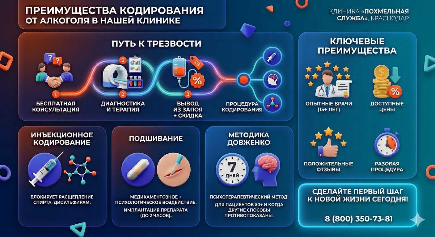Инфографика о методах кодирования от алкоголя в Надежде: инъекции, подшивание, метод Довженко. Преимущества клиники и этапы лечения.