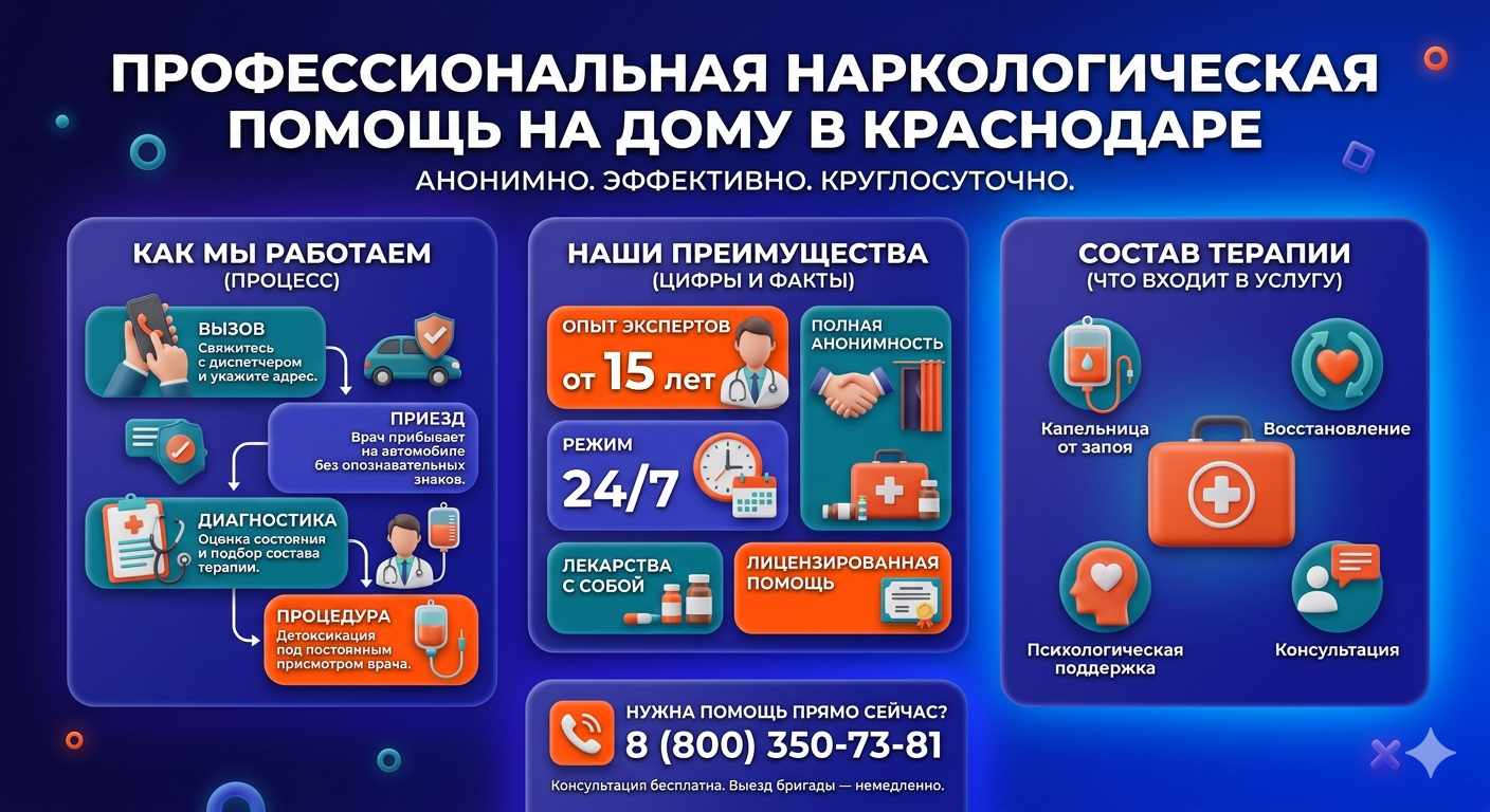 Инфографика о принципах лечения алкоголизма на дому в Надежде: этапы вызова нарколога, преимущества анонимной детоксикации и состав медицинской помощи.